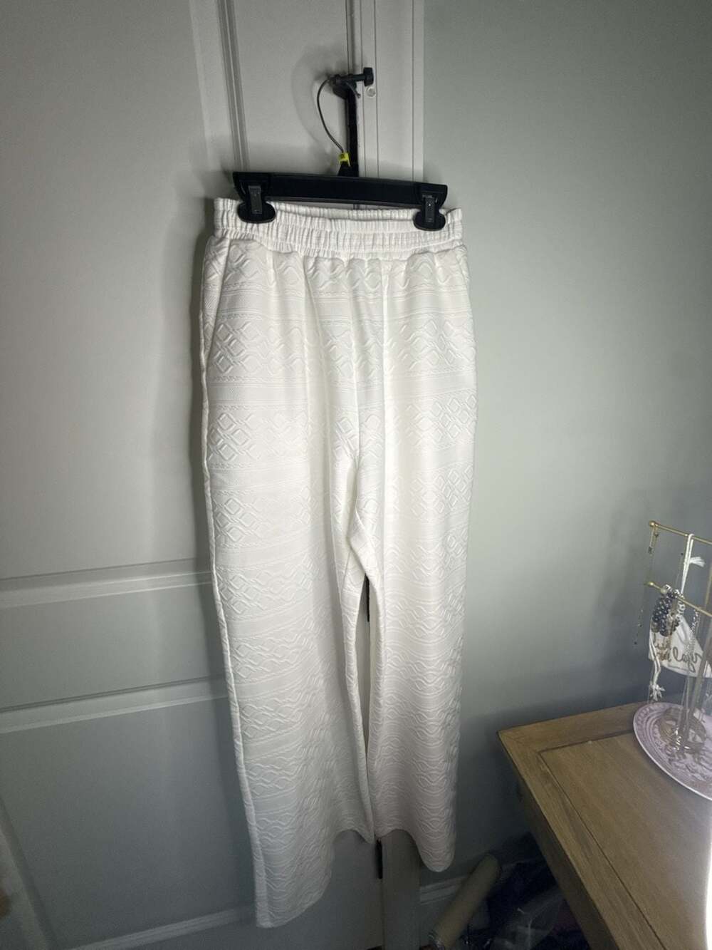 Commense White Textured Jacquard Elastic Waist Wide Leg Pants